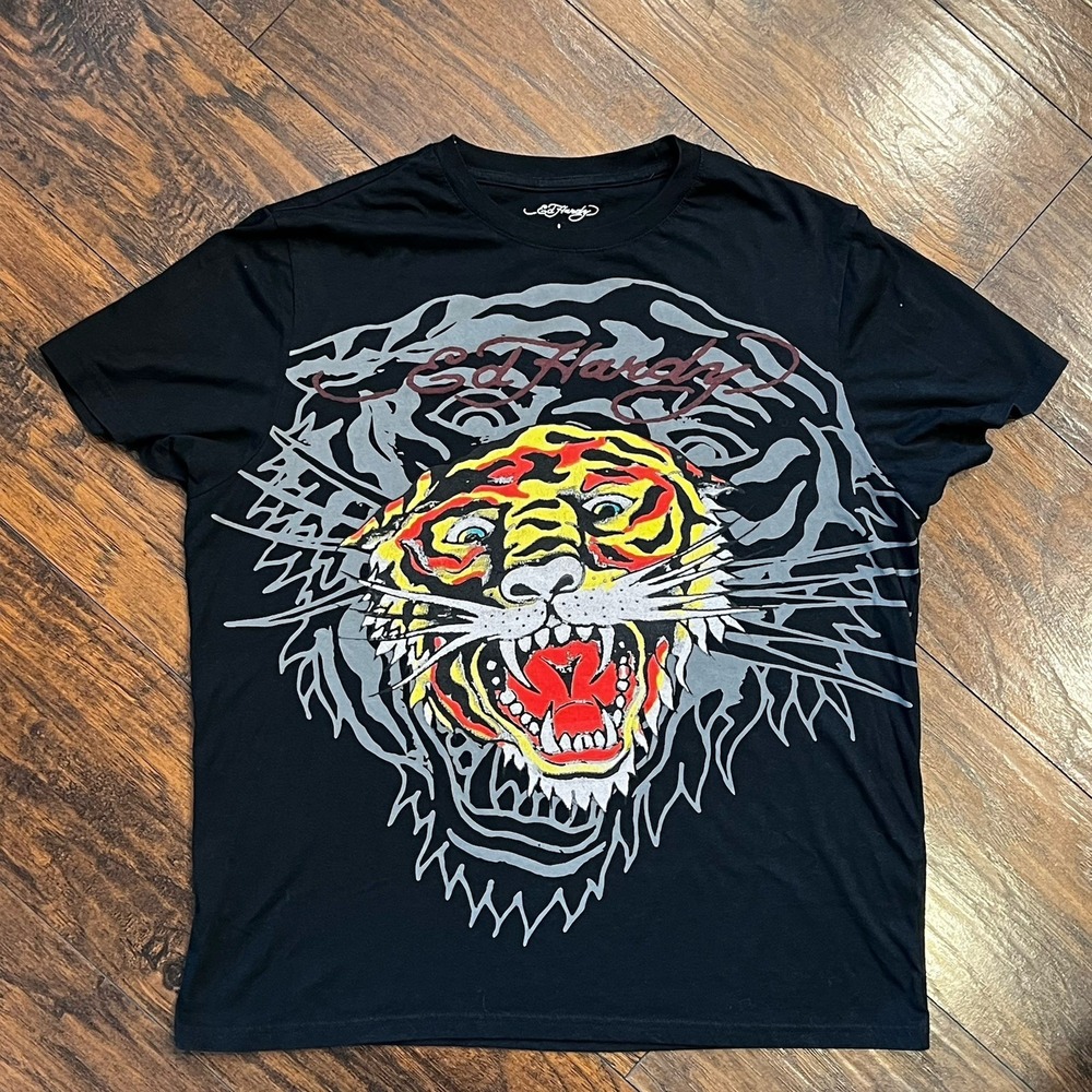 Ed Hardy Black Tiger Print Tshirt, Men's Size Large, Crewneck Cotton